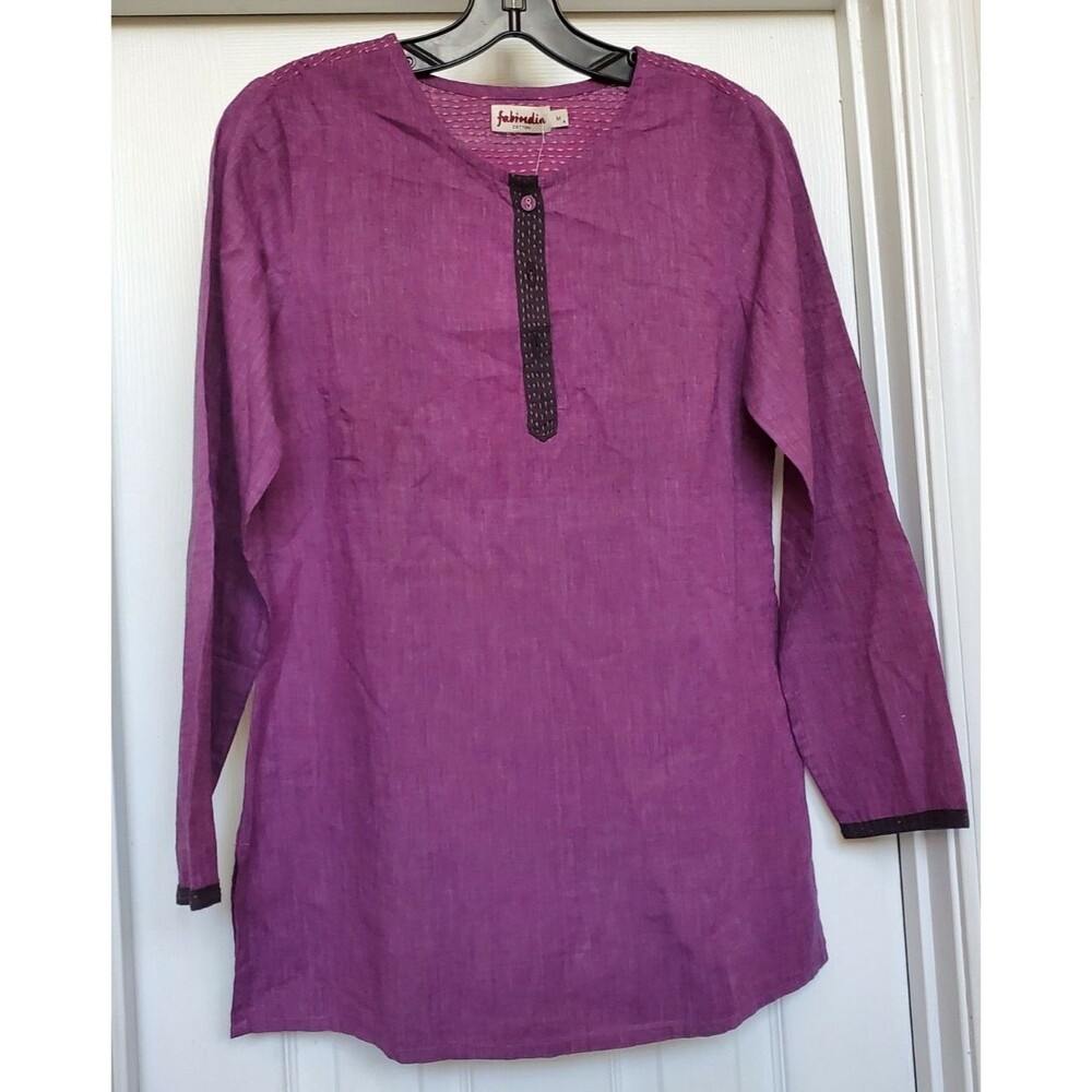 New Fabindia Purple eggplant woven Print Cotton Gota trim Tunic Top shirt sz M